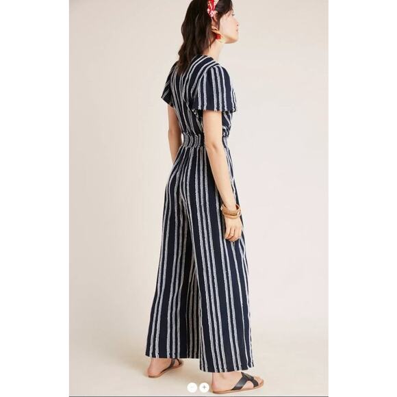 EUC Anthropologie Dolan Canovas Striped Cotton Blend Wide Leg Jumpsuit Navy S - Picture 3 of 15